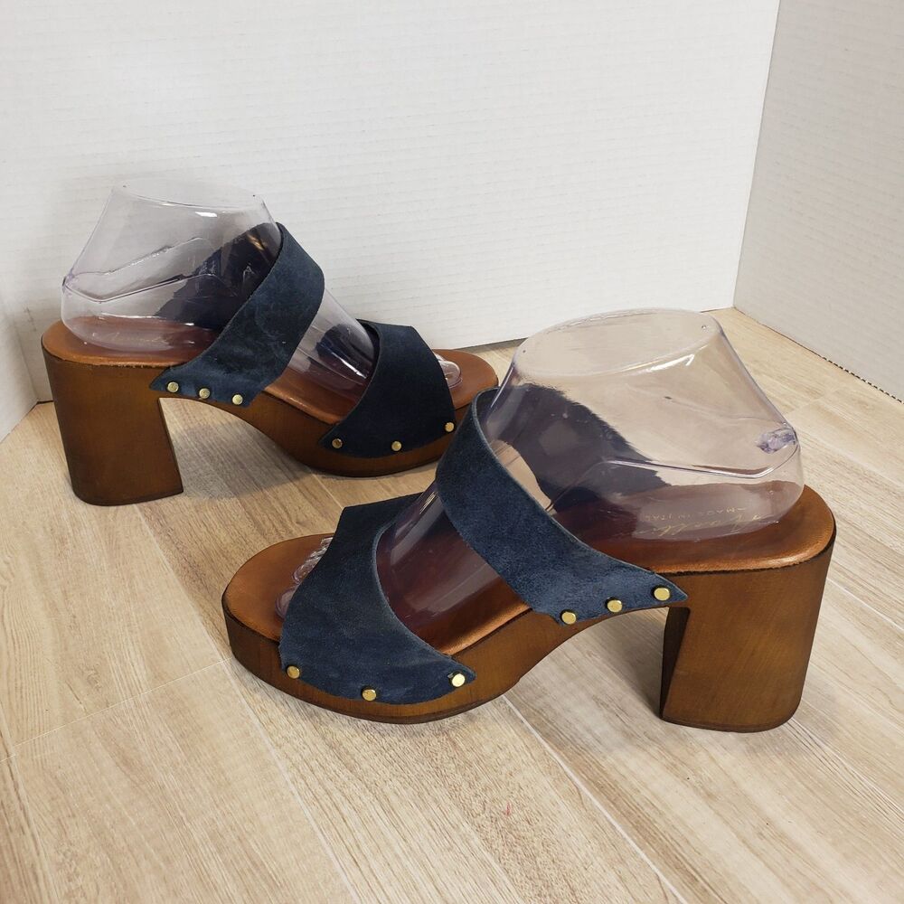 Avellini Womens 9.5 Blue Nubuck Platform Clog Sandals Studded Strappy Boho